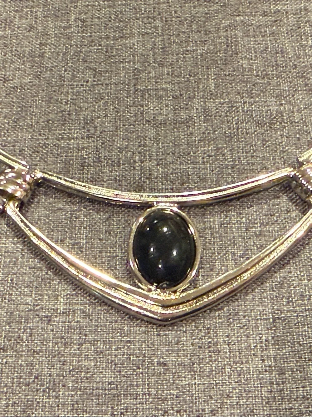 Vintage Silver Tone Black Cabochon Statement Collar Necklace Art Deco Style